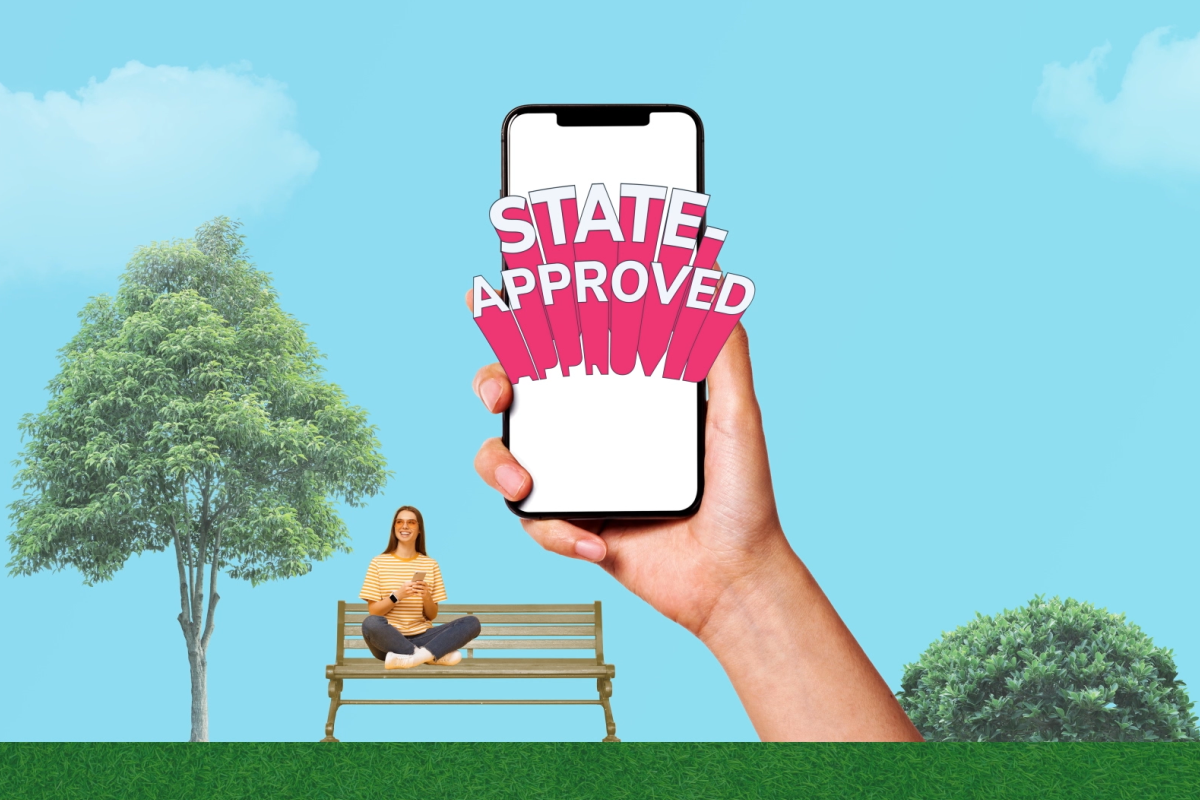 Collage-style frame showing a girl on a park bench with a phone displaying ‘State Approved.’