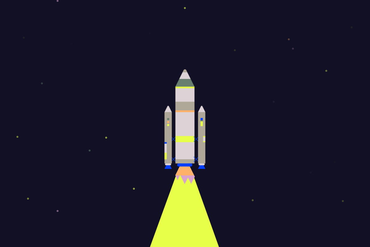 Illustrated frame of a rocket flying through a starry sky.