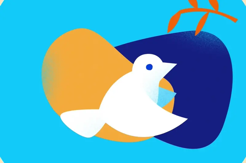 Animated dove catching an olive branch surrounded by religious symbols.