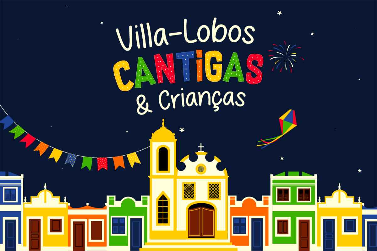 Logo for Cantigas & Crianças over a colorful illustrated Brazilian town with fireworks and a starry sky.