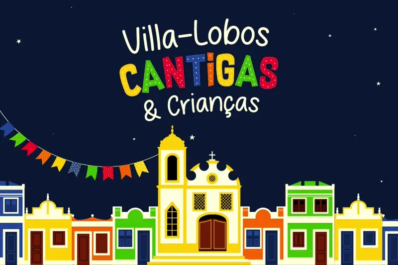 Logo for Cantigas & Crianças over a colorful illustrated Brazilian town with animated fireworks and a starry sky.