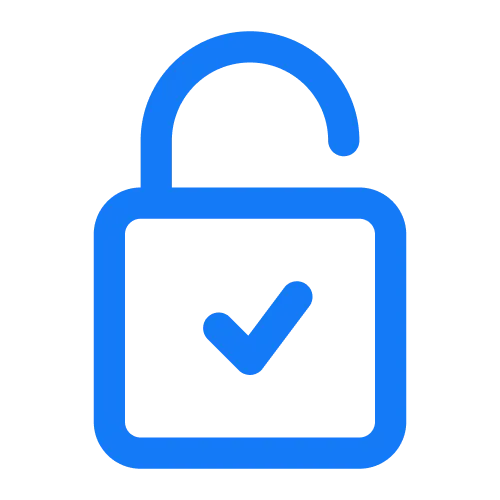 Blue open padlock icon with a check mark inside, symbolizing unlocked or verified access.