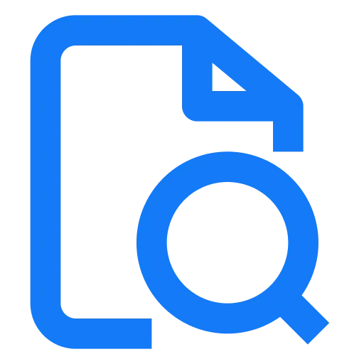 Blue icon of a document with a magnifying glass overlay representing file search.