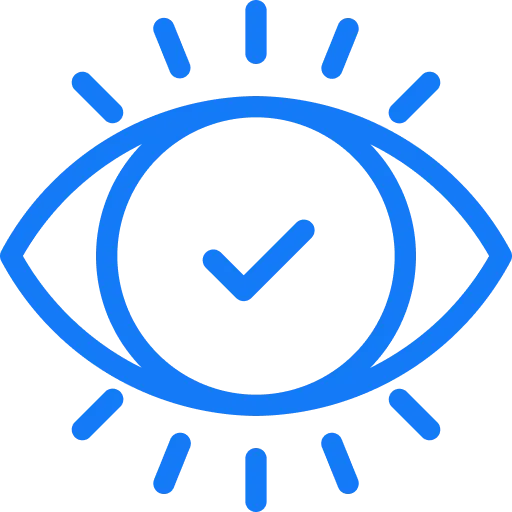 Blue eye icon with a check mark inside and radiating lines around it, symbolizing eye recognition or verified vision.