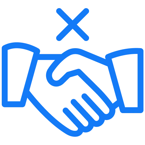 Blue icon of a handshake with a cross above, indicating no agreement or no handshake.