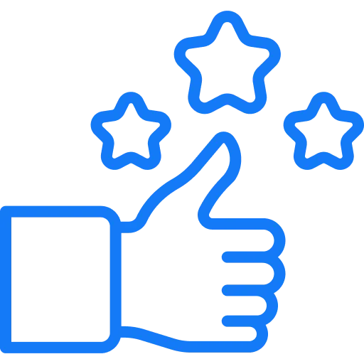 Blue outline of a thumbs-up hand with three stars above it representing positive feedback or rating.