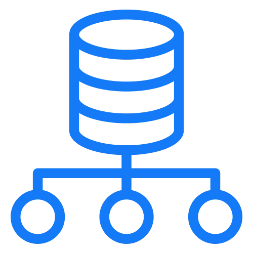 Blue database icon with three connected nodes indicating data network.