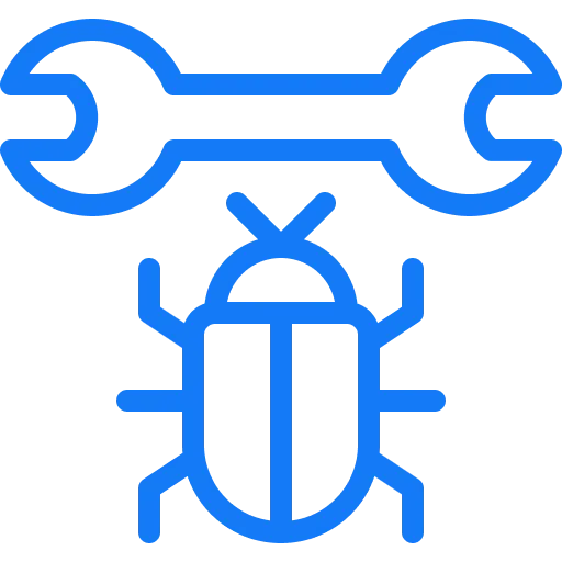 Blue outline icon of a bug under a wrench symbolizing bug fixing or debugging.