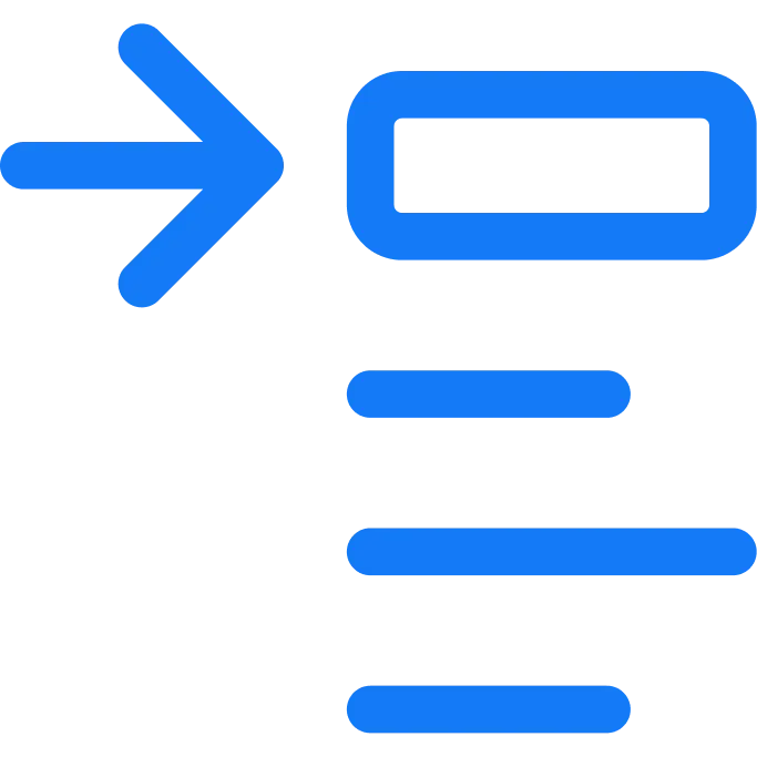 Blue right-pointing arrow followed by a rounded rectangle and three horizontal lines representing text or data.