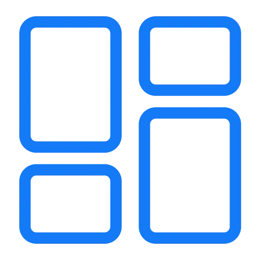 Blue outlined grid layout icon with four rounded rectangles arranged in two columns.