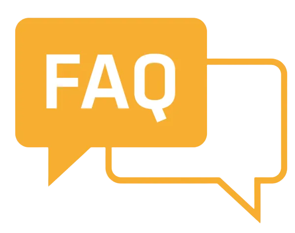 Two overlapping speech bubbles, one orange with white text 'FAQ' and one outlined in orange.