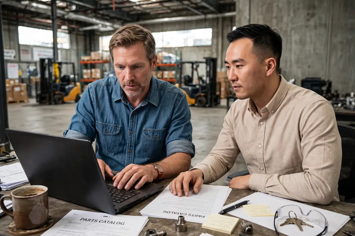 Two people reviewing a parts catalog on a laptop in a warehouse