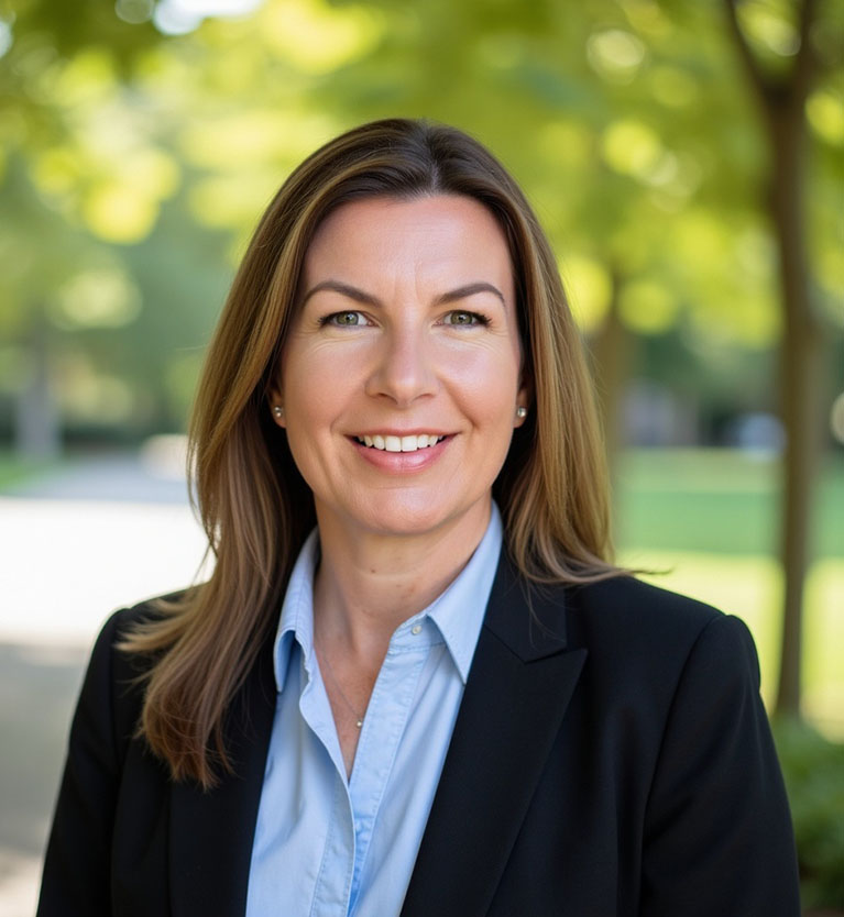 Smiling woman with long brown hair wearing a black blazer and light blue shirt standing outdoors with trees in background.