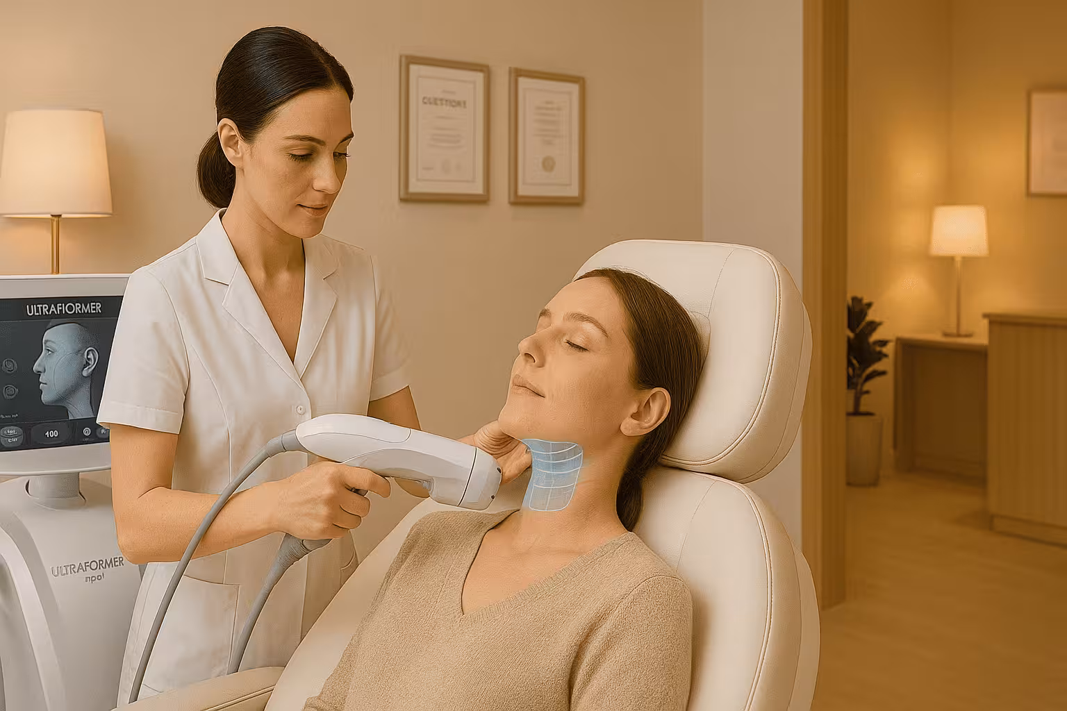 Traitement facial Ultrafomer, patiente relaxée dans un fauteuil de soin