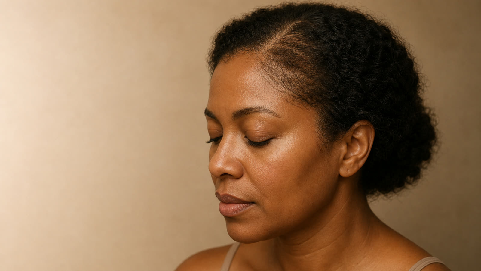 Portrait éditorial d’une femme présentant un éclaircissement diffus des cheveux près de la tempe