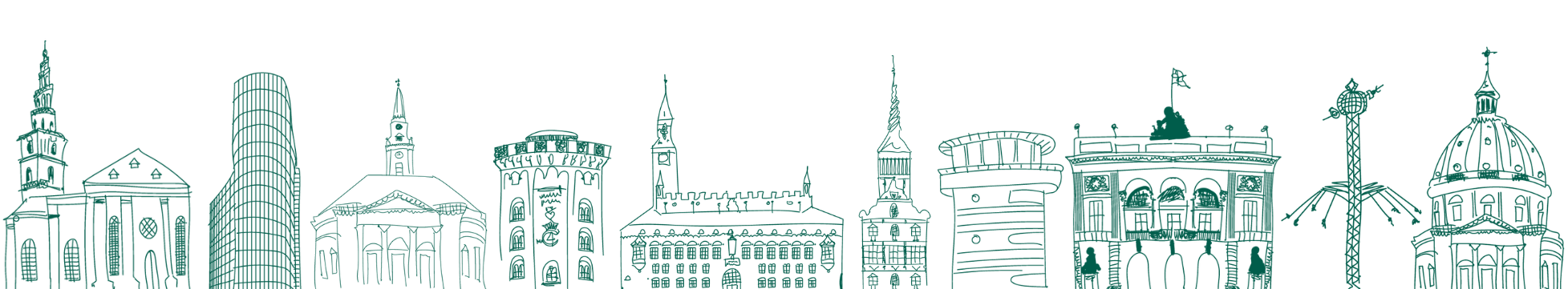 Line drawing of various historic and modern architectural landmarks forming a city skyline.