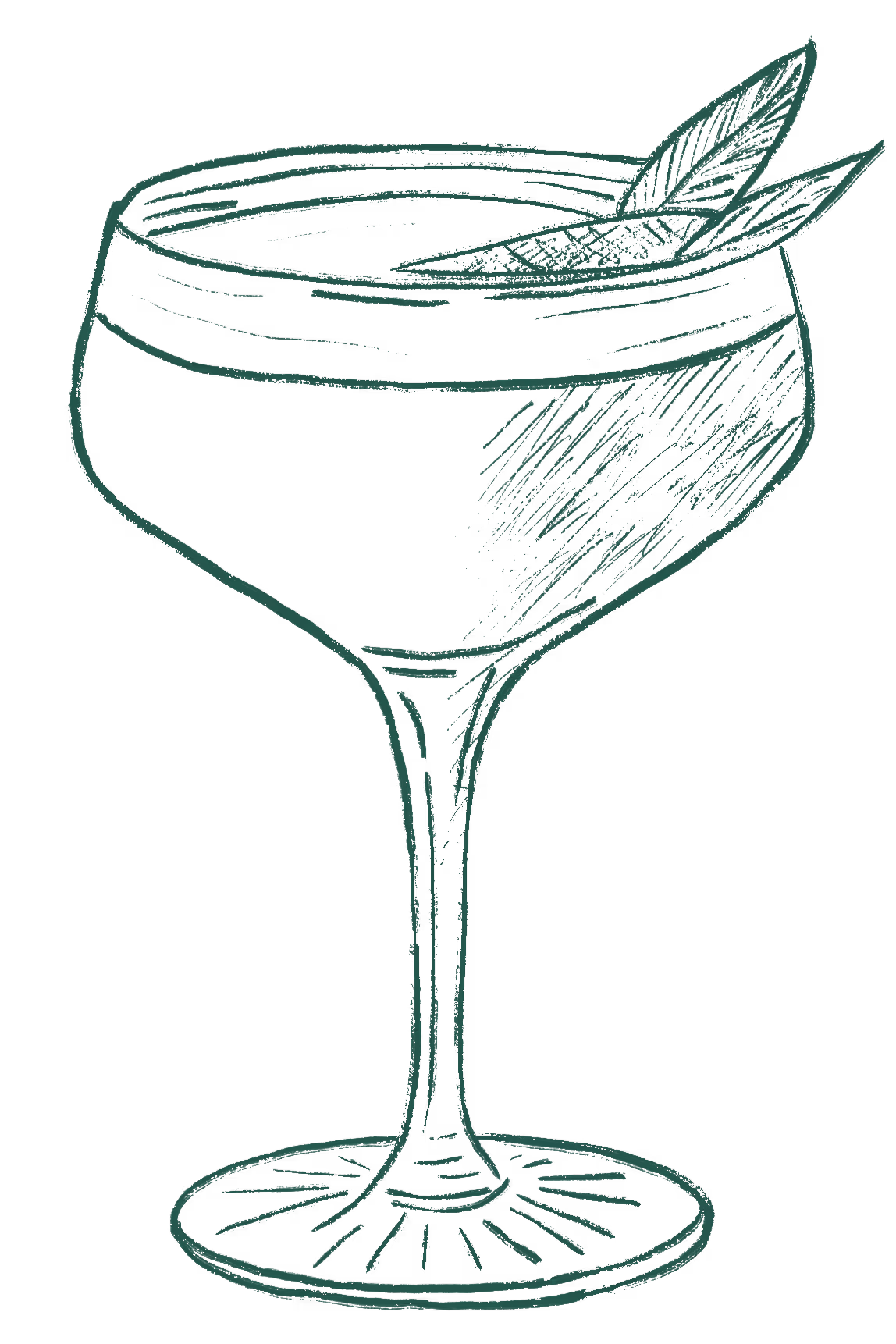 Hand-drawn cocktail glass with two mint leaves garnish.