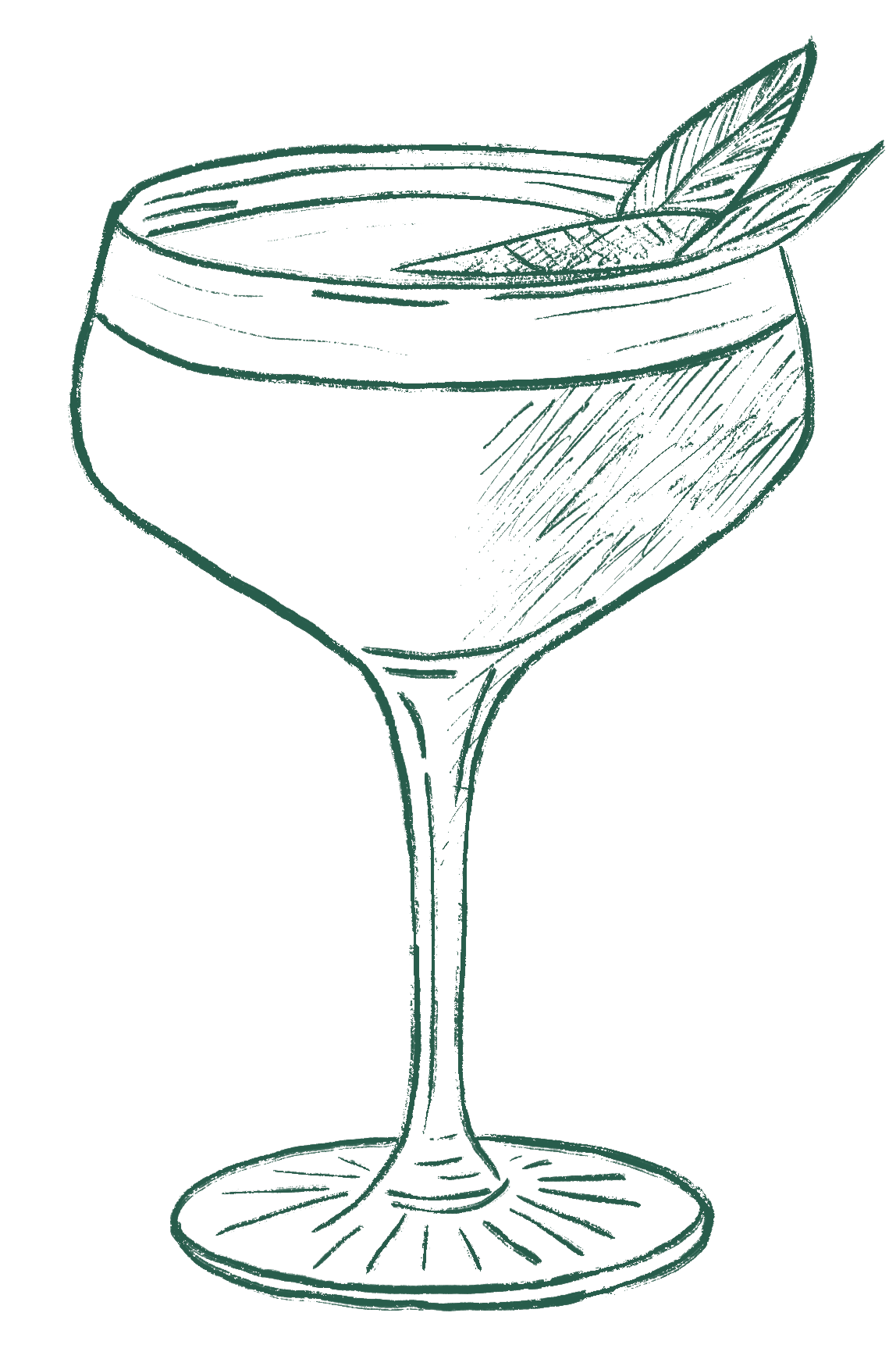 Hand-drawn cocktail glass with two mint leaves garnish.