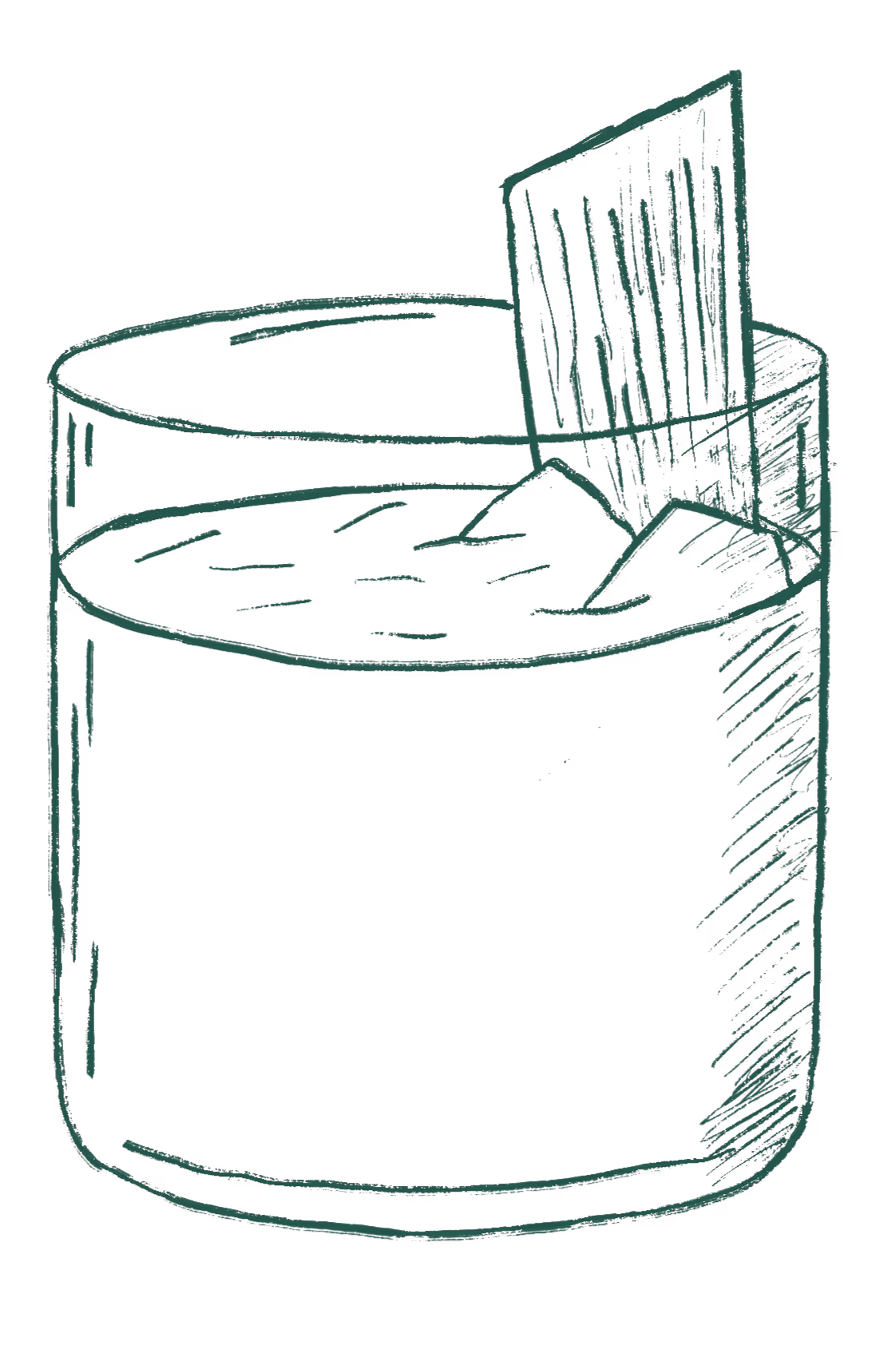 Sketch of a tumbler glass with ice cubes and a rectangular garnish inside.