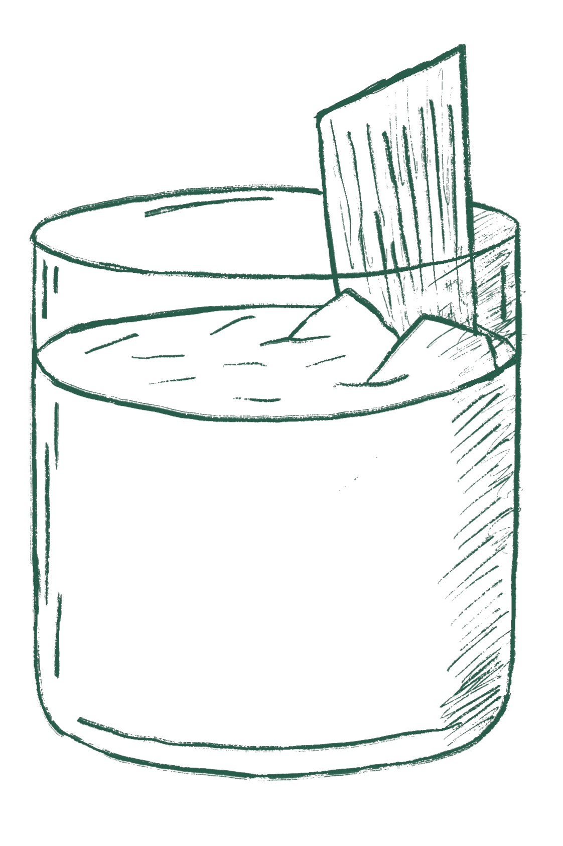 Sketch of a tumbler glass with ice cubes and a rectangular garnish inside.
