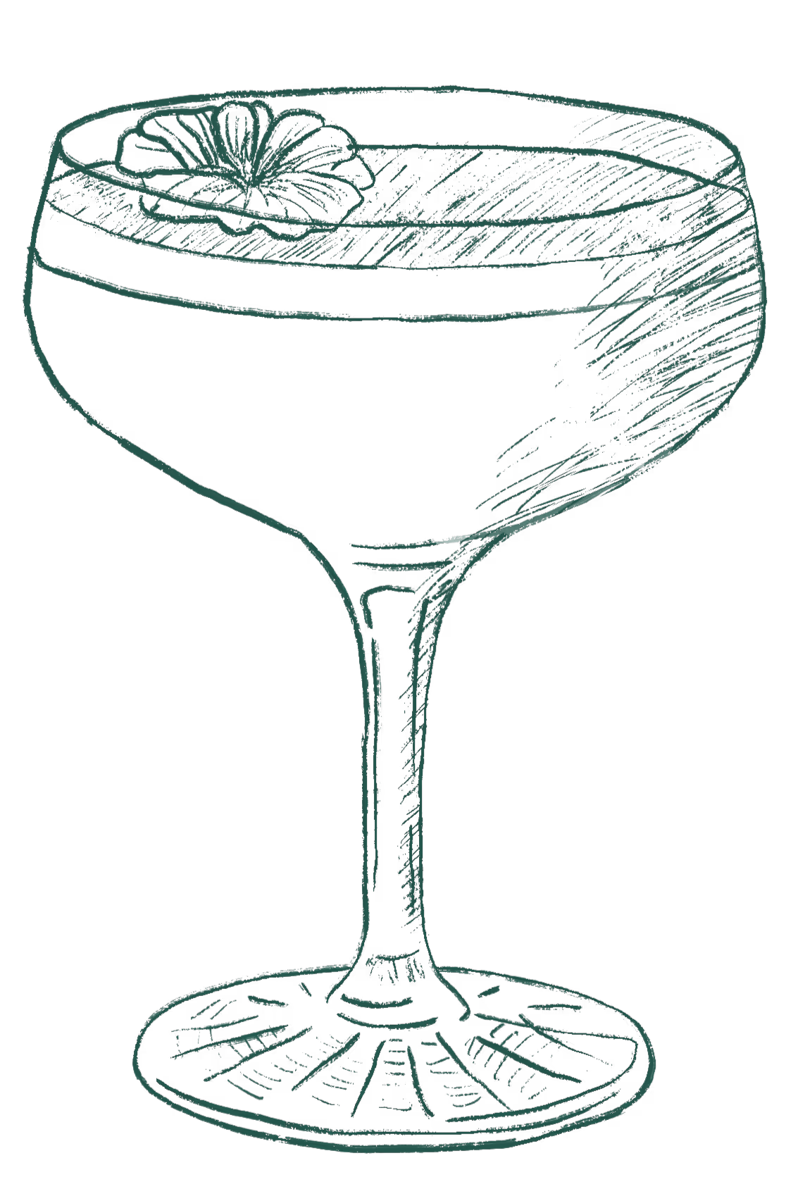Sketch of a cocktail coupe glass with a slice of citrus garnish on the rim.