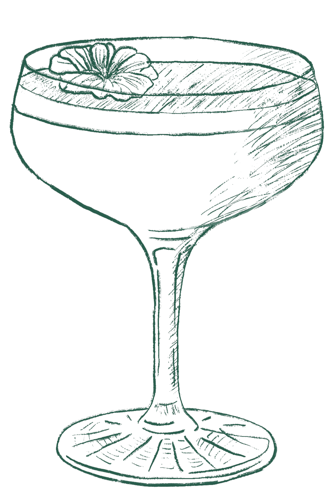 Sketch of a cocktail coupe glass with a slice of citrus garnish on the rim.