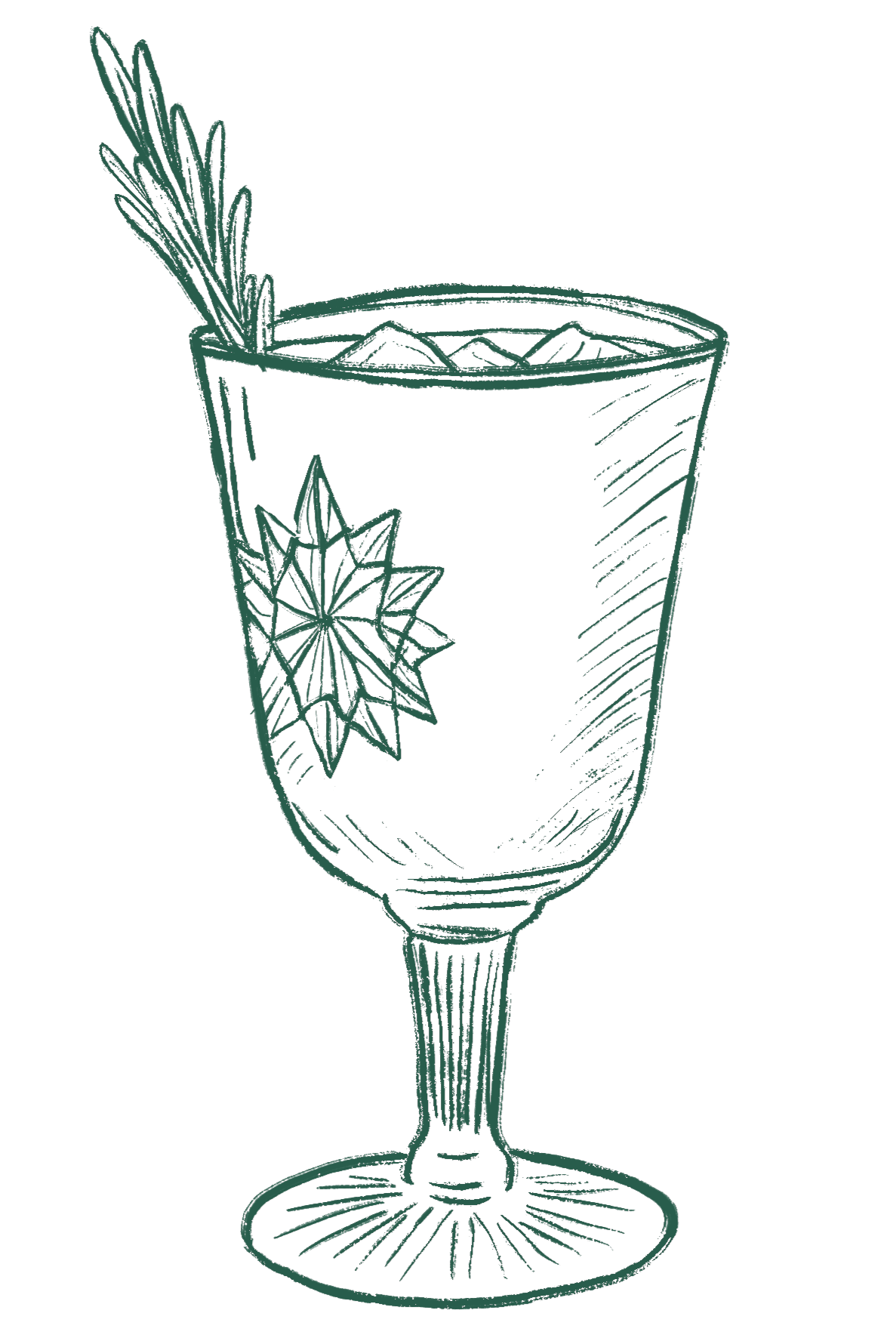 Hand-drawn illustration of a stemmed glass with a geometric star pattern, filled with ice cubes and garnished with a sprig of rosemary.