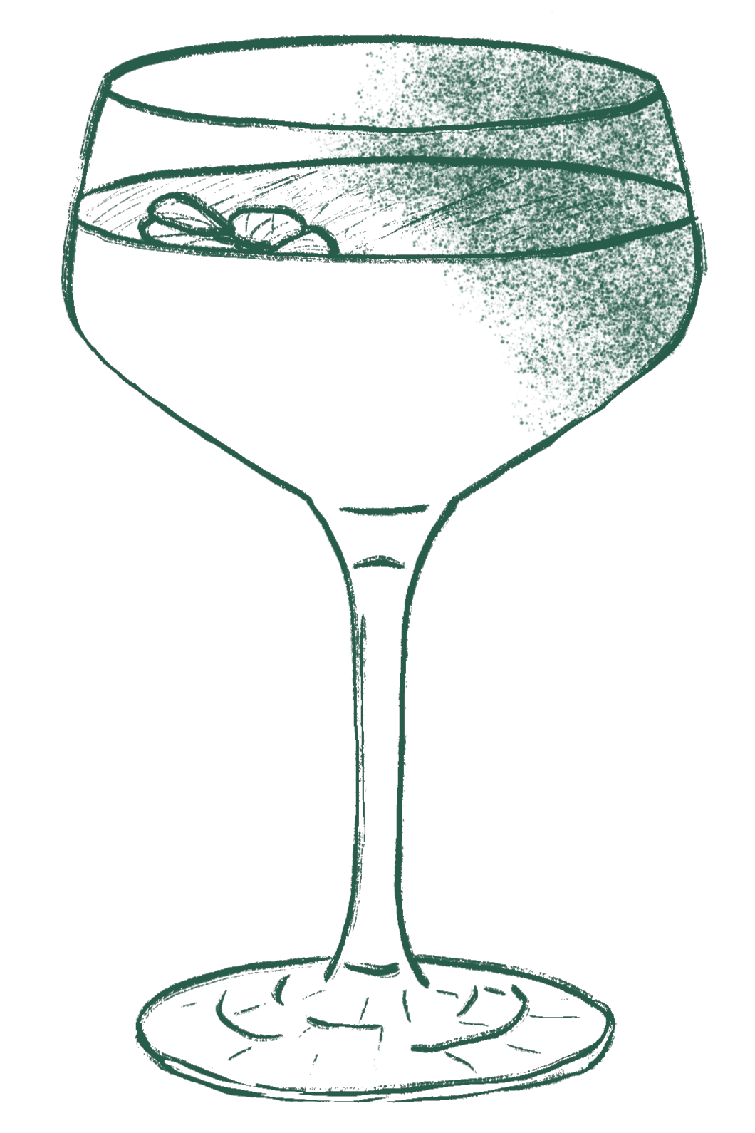 Illustration of a cocktail glass with a garnish inside.