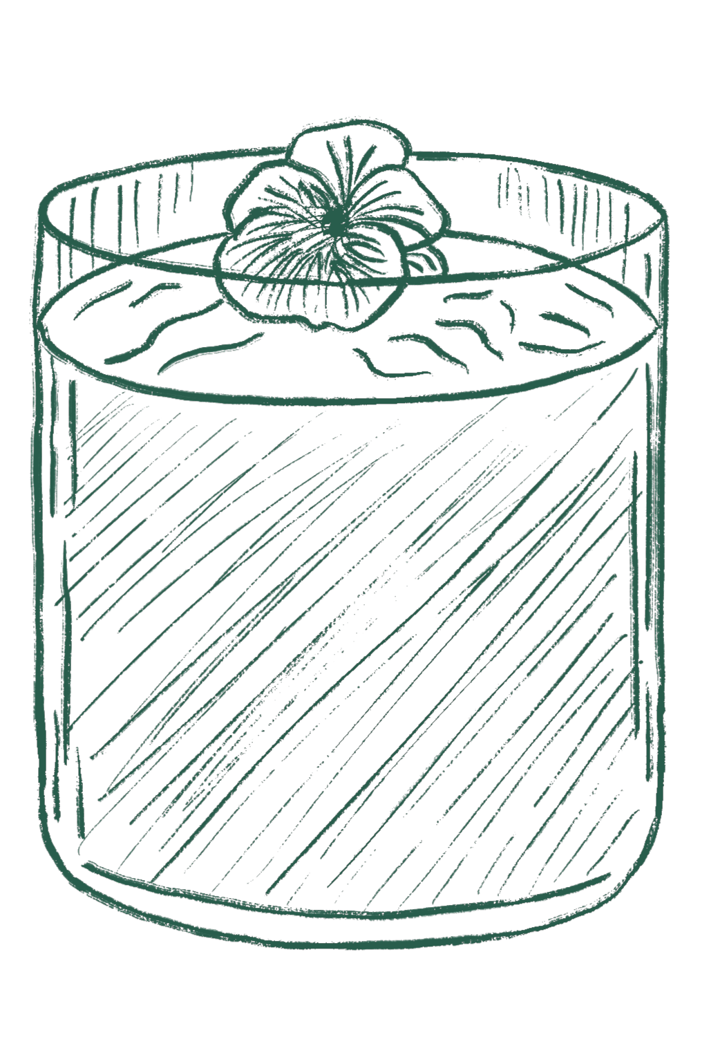 Line drawing of a round cocktail glass with liquid and a flower garnish on top.