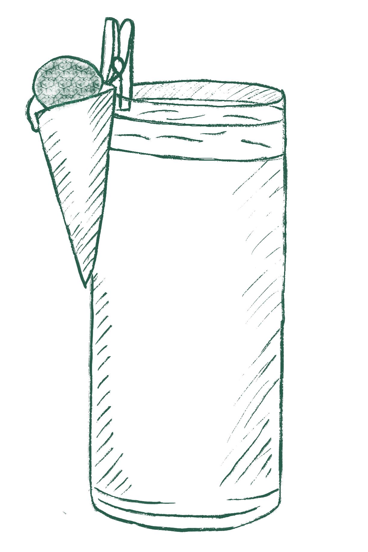 Sketch of a tall glass filled with liquid and garnished with a carrot and clove.