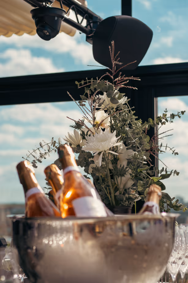 Close-up of three gourmet appetizers with cream, chives, and black caviar on toasted bread rounds.