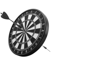 Black and white dartboard with two darts, one hitting the bullseye and another stuck on the side.