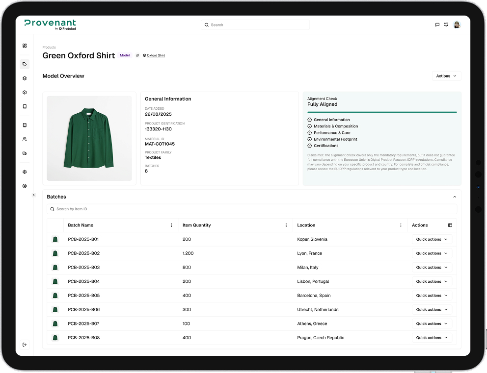 Dashboard screen showing product details for Green Oxford Shirt including image, general information, alignment check marked fully aligned, and batch list with quantities and locations.