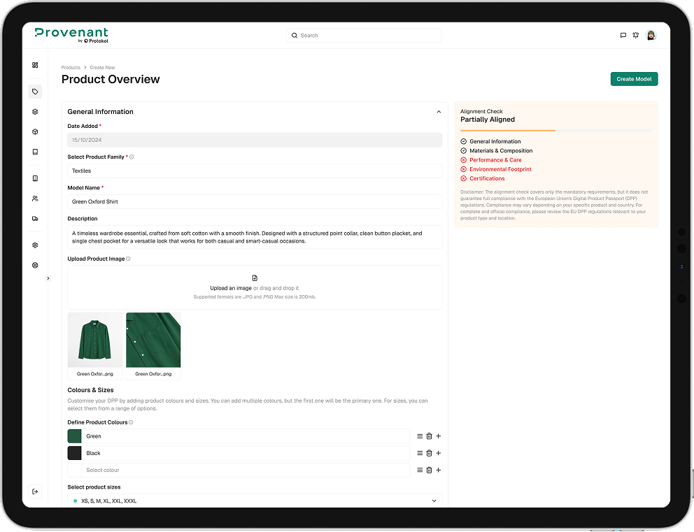 Product Overview page in a web app showing details for a Green Oxford Shirt including date added, product family, description, images, colors, sizes, and a partially aligned compliance check.