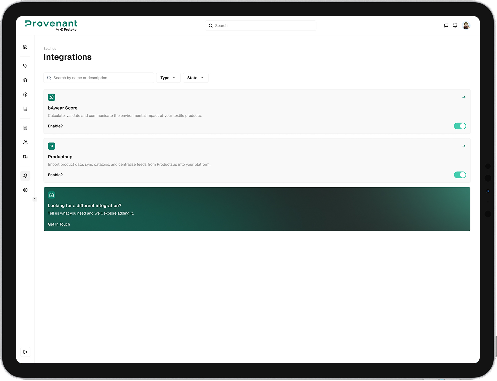 Tablet screen displaying Provenant integrations settings with two enabled integrations: bAwear Score for assessing textile environmental impact and Productsup for syncing product data.