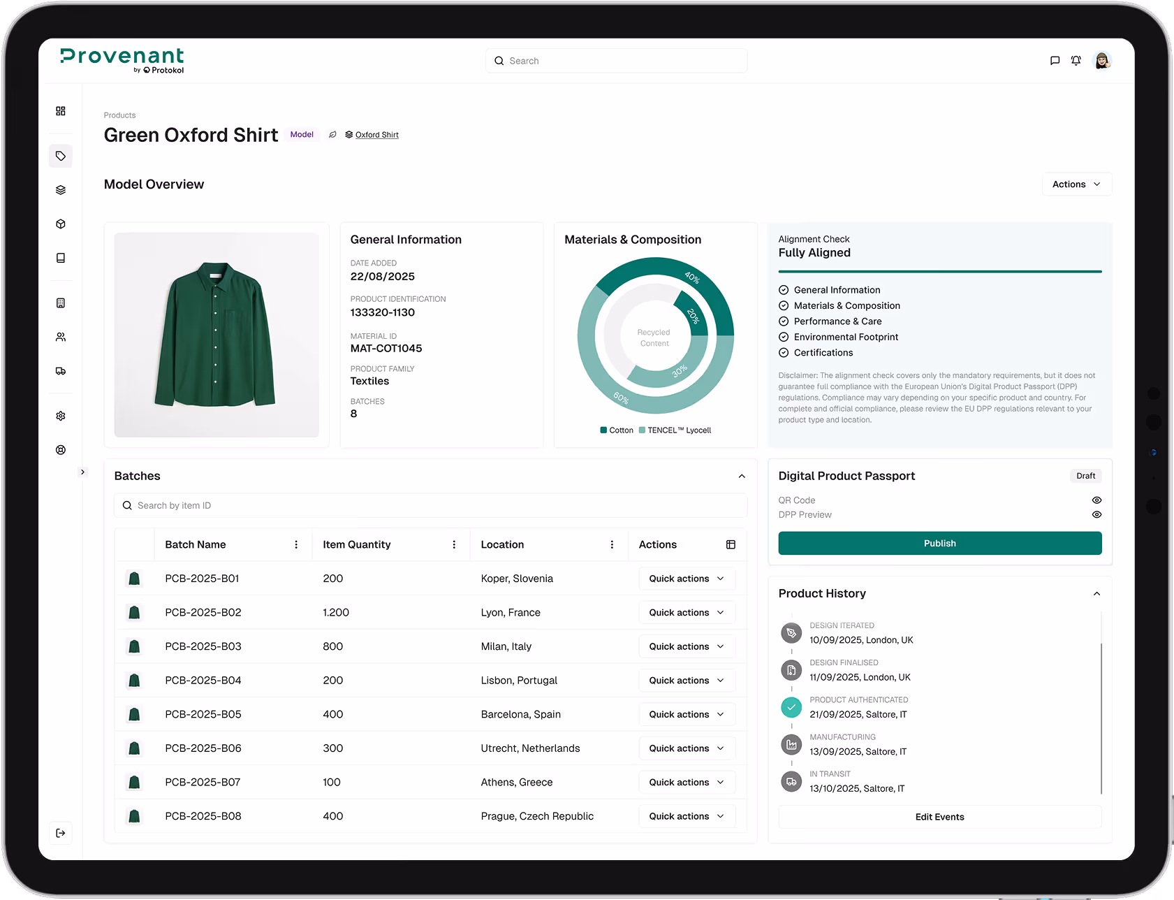 Tablet screen showing Provenant product dashboard for Green Oxford Shirt with details, material composition chart, batch list by location, alignment check, digital product passport, and product history timeline.