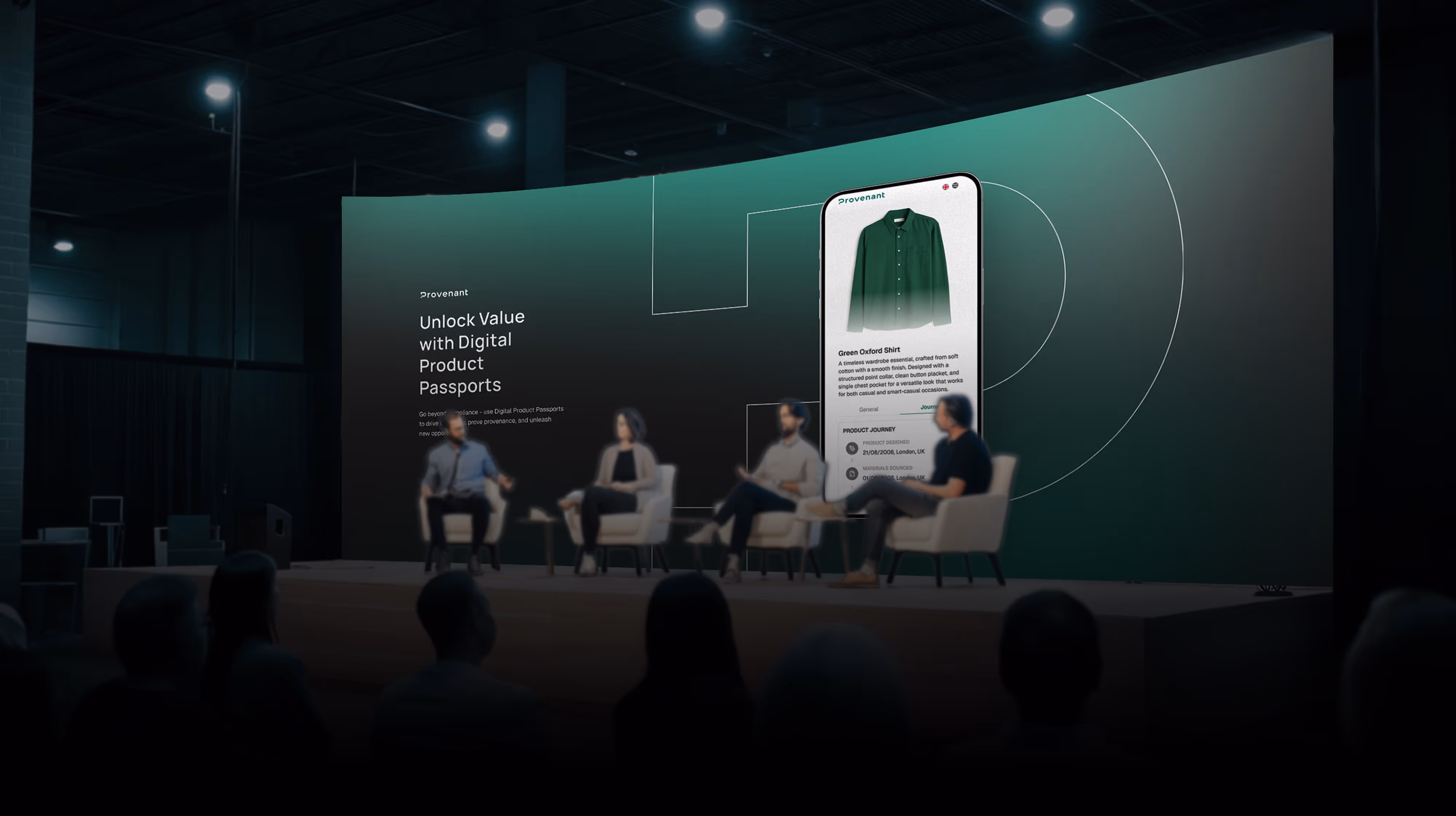 Panel discussion with four speakers seated on stage in front of a large screen displaying a digital product passport for a green Oxford shirt.