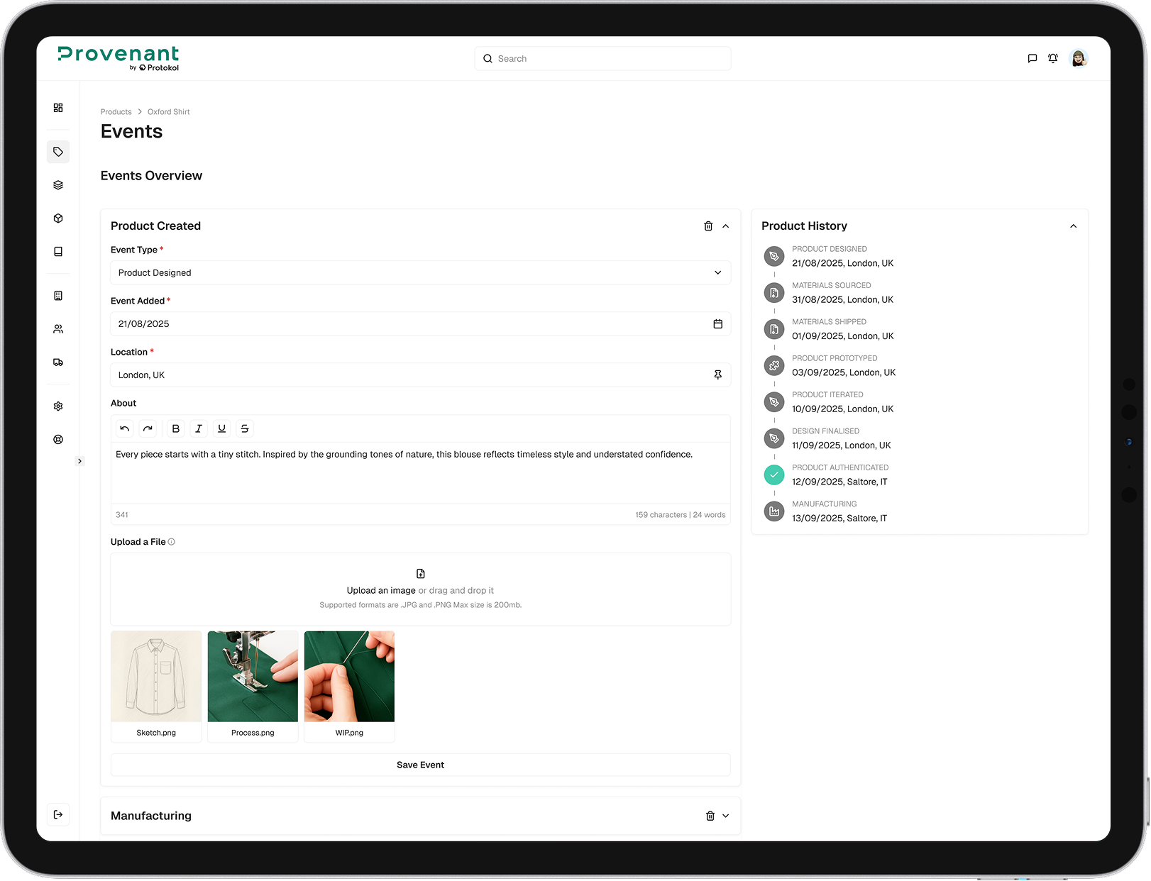 Tablet screen showing Provenant product events dashboard with details of a product designed event, including date, location, description, image uploads, and product history timeline.