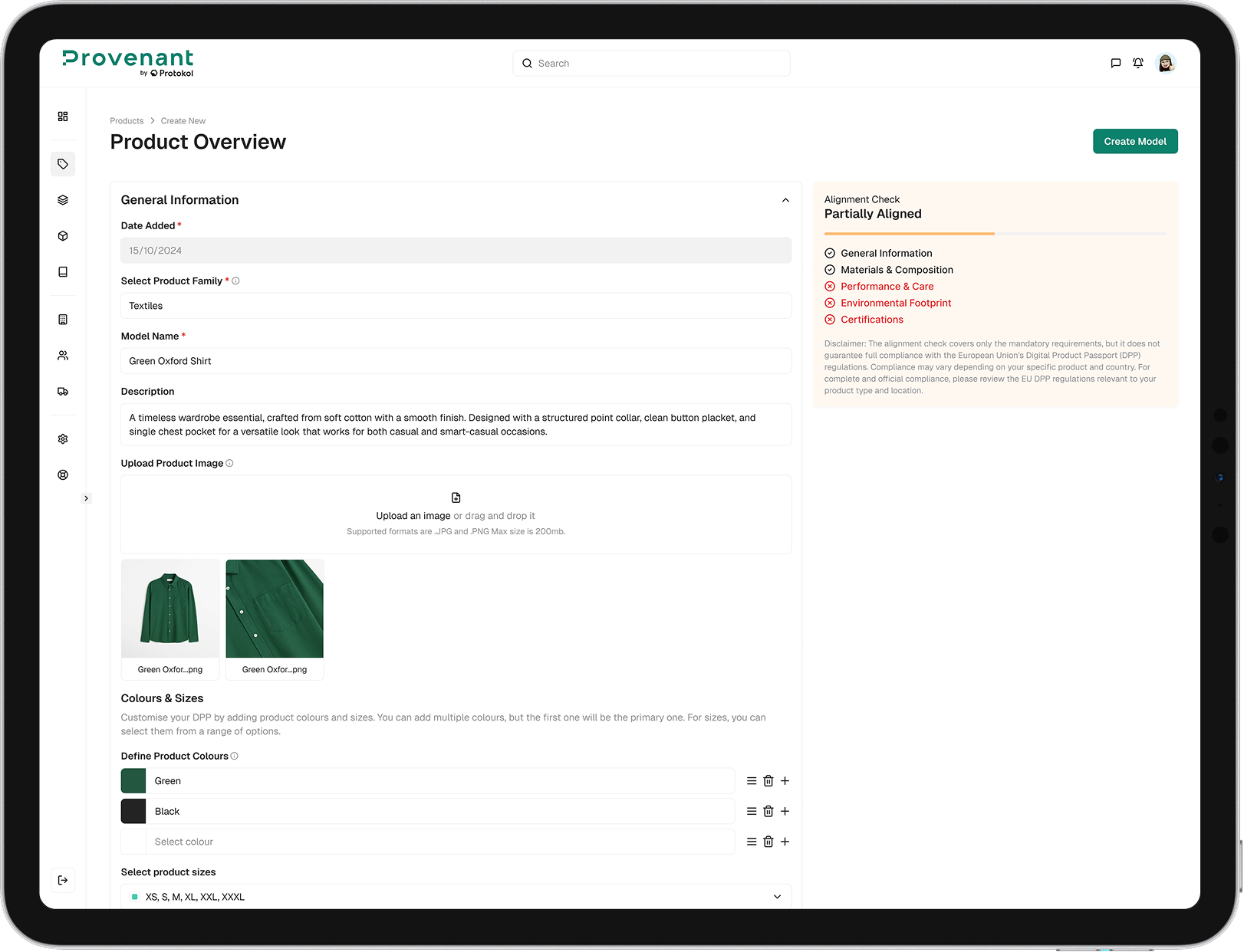 Product Overview form for Green Oxford Shirt on Provenant platform, showing general info, images, colors, sizes, and alignment check status.