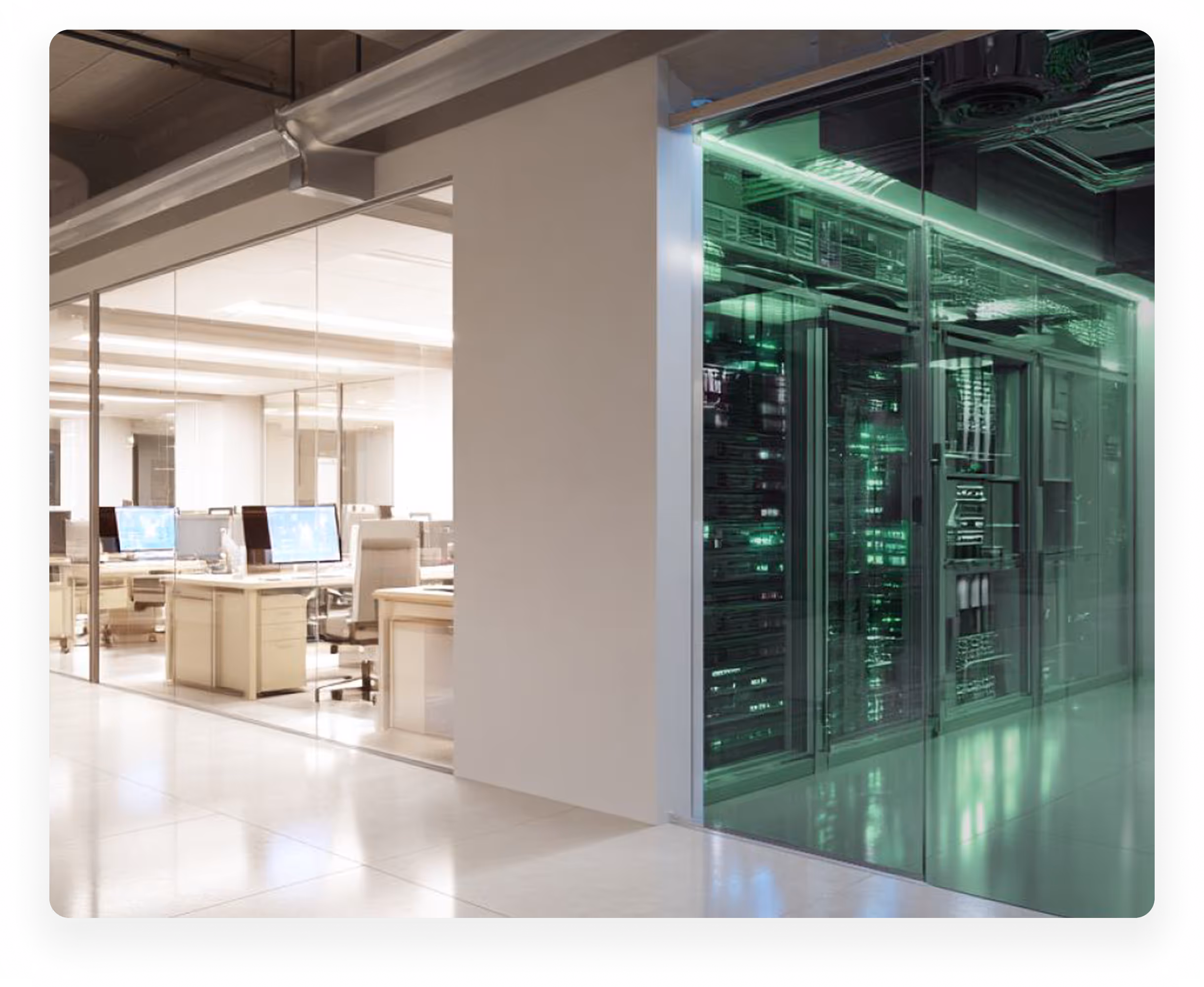 Modern office space with glass walls showing a conference room with multiple computers and an adjacent server room illuminated with green lights.