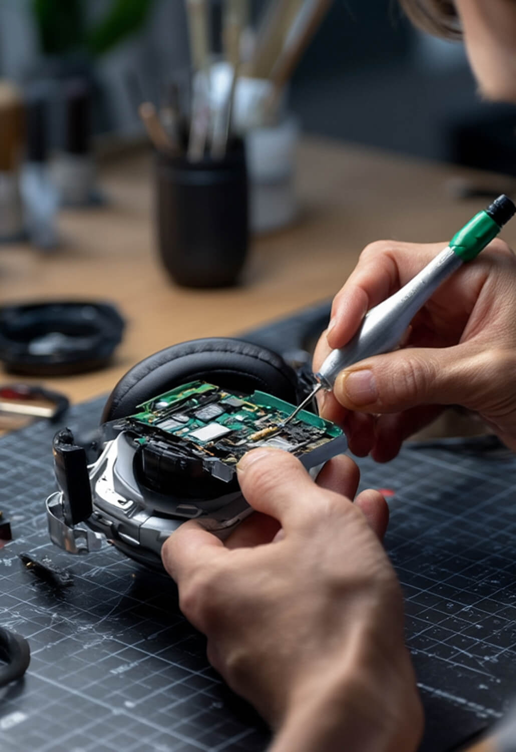 Person repairing a circuit board inside an opened headphone using a precision tool.
