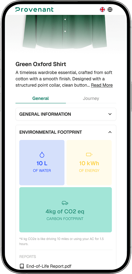 Mobile screen showing Provenant app page for a green Oxford shirt with environmental footprint details: 10 liters of water, 10 kWh of energy, and 4 kg of CO2 equivalent carbon footprint.
