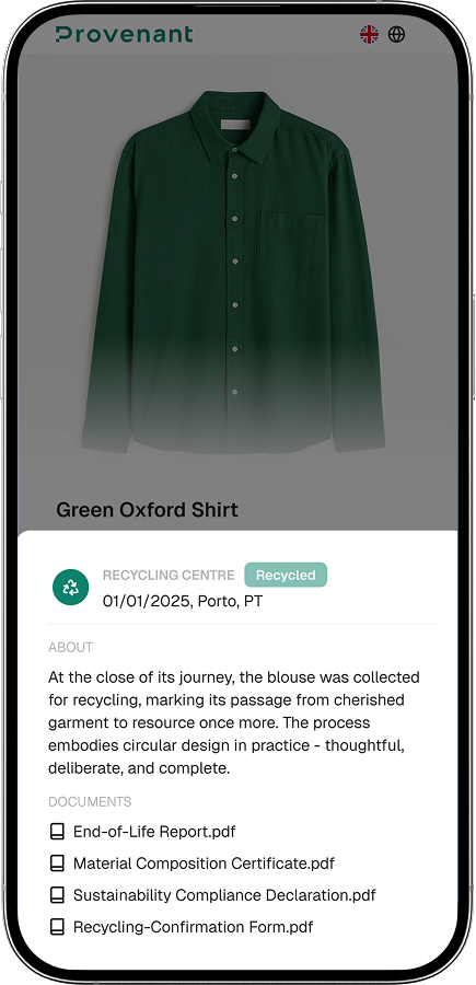 Mobile screen showing a recycled green Oxford shirt with recycling details dated 01/01/2025 in Porto, Portugal, including related sustainability documents.