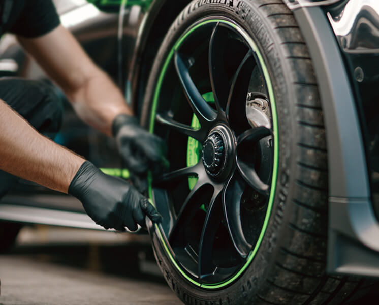 Person wearing black gloves tightening lug nuts on a black car wheel with green trim using a wrench.
