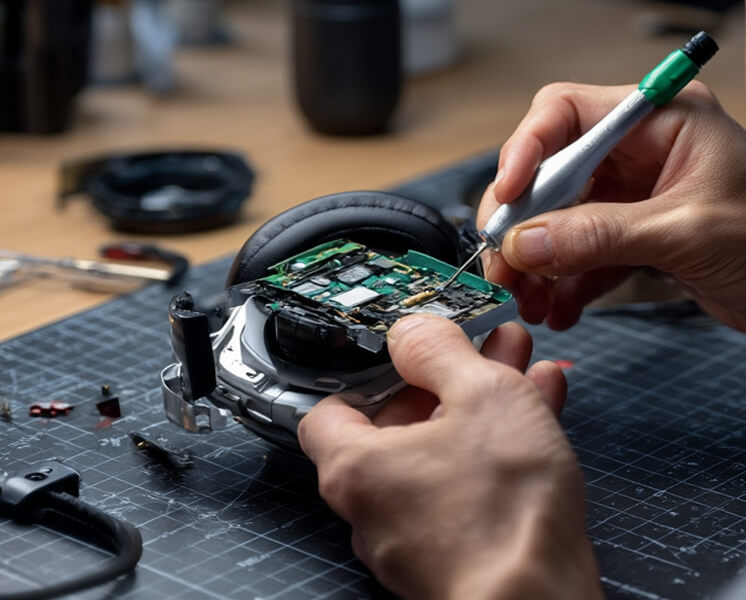 Close-up of hands repairing or soldering the circuit board of a disassembled headset on a workbench.