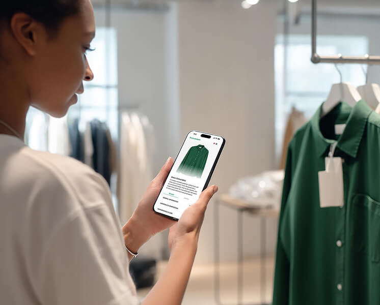 Person using a smartphone app to view a green shirt while shopping in a clothing store.