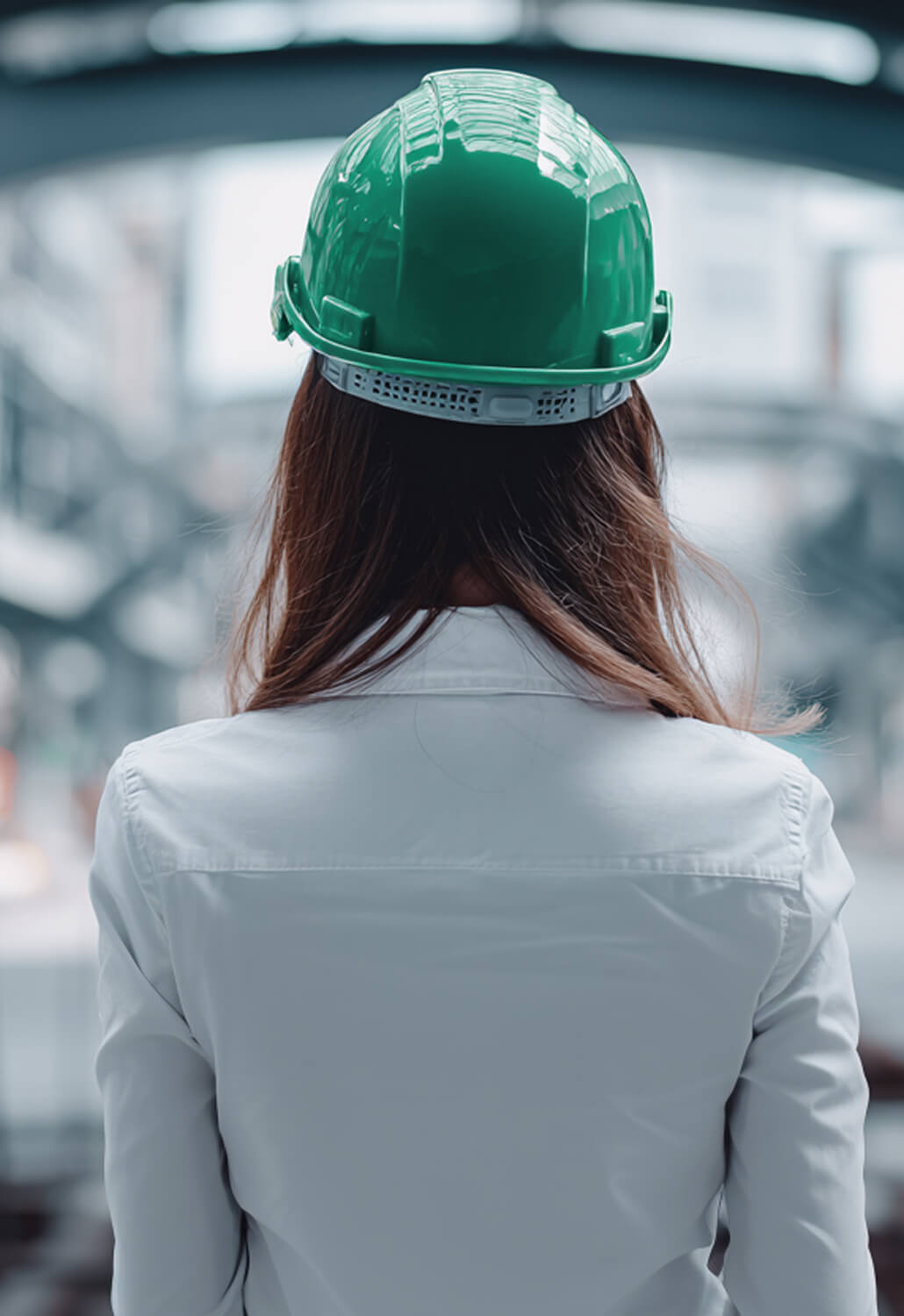 Rear view of a person wearing a green safety helmet and white shirt in a construction or industrial setting.