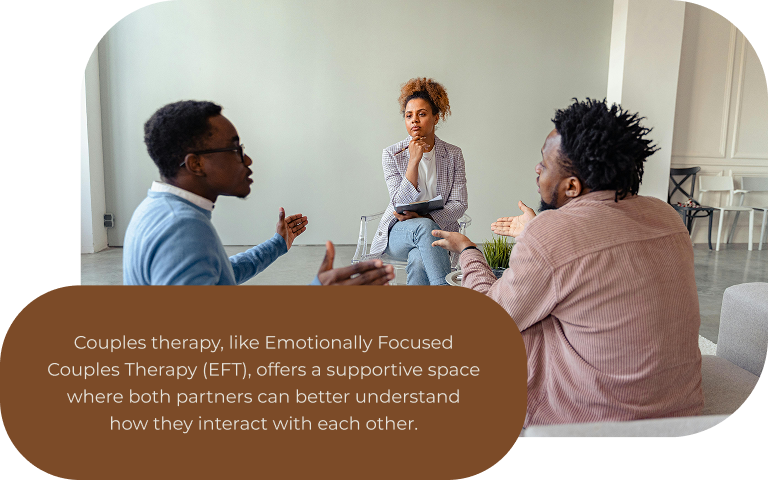 Image: Two people talking to each other in front of a therapist. Text: Couples therapy, like EFT, offers a supportive space where both partners can better understand how they interact with each other.