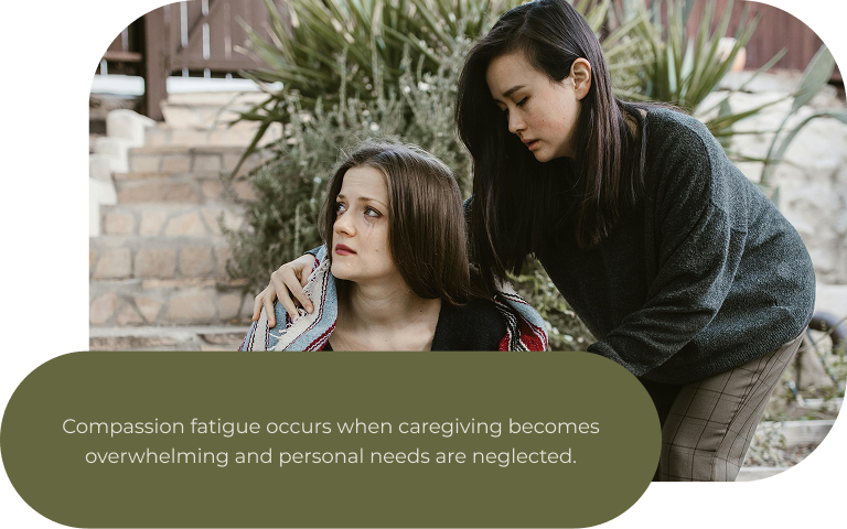 Image: A person emotionally supporting and caring for someone else. Text: Compassion fatigue occurs when caregiving becomes overwhelming and personal needs are neglected.