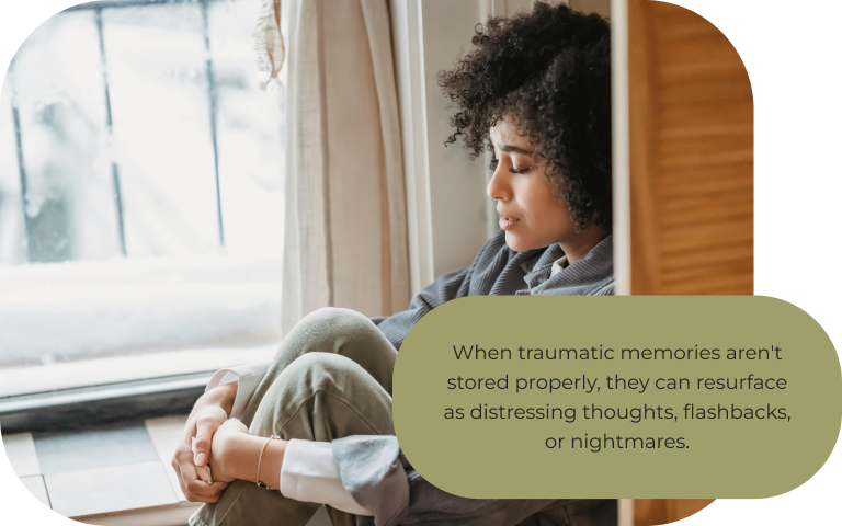 Image: A person sitting alone, appearing distressed. Text: When traumatic memories aren't stored properly, they can resurface as distressing thoughts, flashbacks, or nightmares.